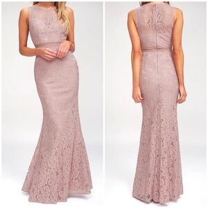 Lulus Music of the Heart Lace Bridesmaid Maxi Dress Mauve Pink Mermaid NWT